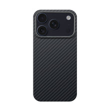 Load image into Gallery viewer, A carbon fiber textured phone case with a raised camera bumper, shown on a plain white background.