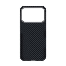 Load image into Gallery viewer, A black carbon fiber pattern phone case with a raised camera bumper, shown on a plain white background.