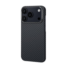 Load image into Gallery viewer, A carbon fiber textured phone case with a precise cutout for a triple-camera system, shown on a solid white background.
