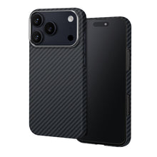 Load image into Gallery viewer, A carbon fiber textured phone case shown on a smartphone, with the back view on the left and the front view on the right, set against a plain white background.