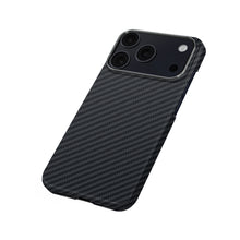 Load image into Gallery viewer, A black carbon fiber textured phone case shown from an angled perspective on a plain white background.