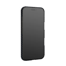 Load image into Gallery viewer, A black protective phone case with a textured carbon-fiber pattern on the side edges, shown on a plain white background.